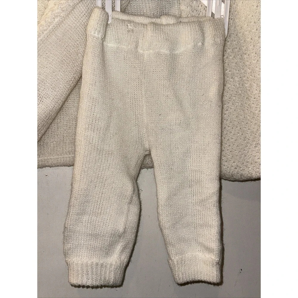 Vtg Baby Sweater 2 Pc Outfit Hooded Feathers White Pink Rose Buds sz 12 Mo Flaw